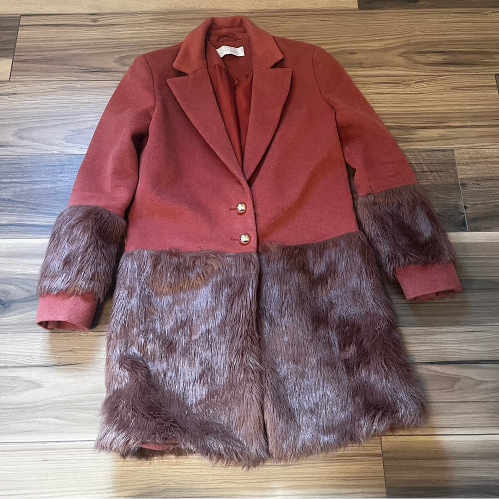Anthropologie Keepsake Shallows Terracotta Faux Fur Trimmed Coat Size XS